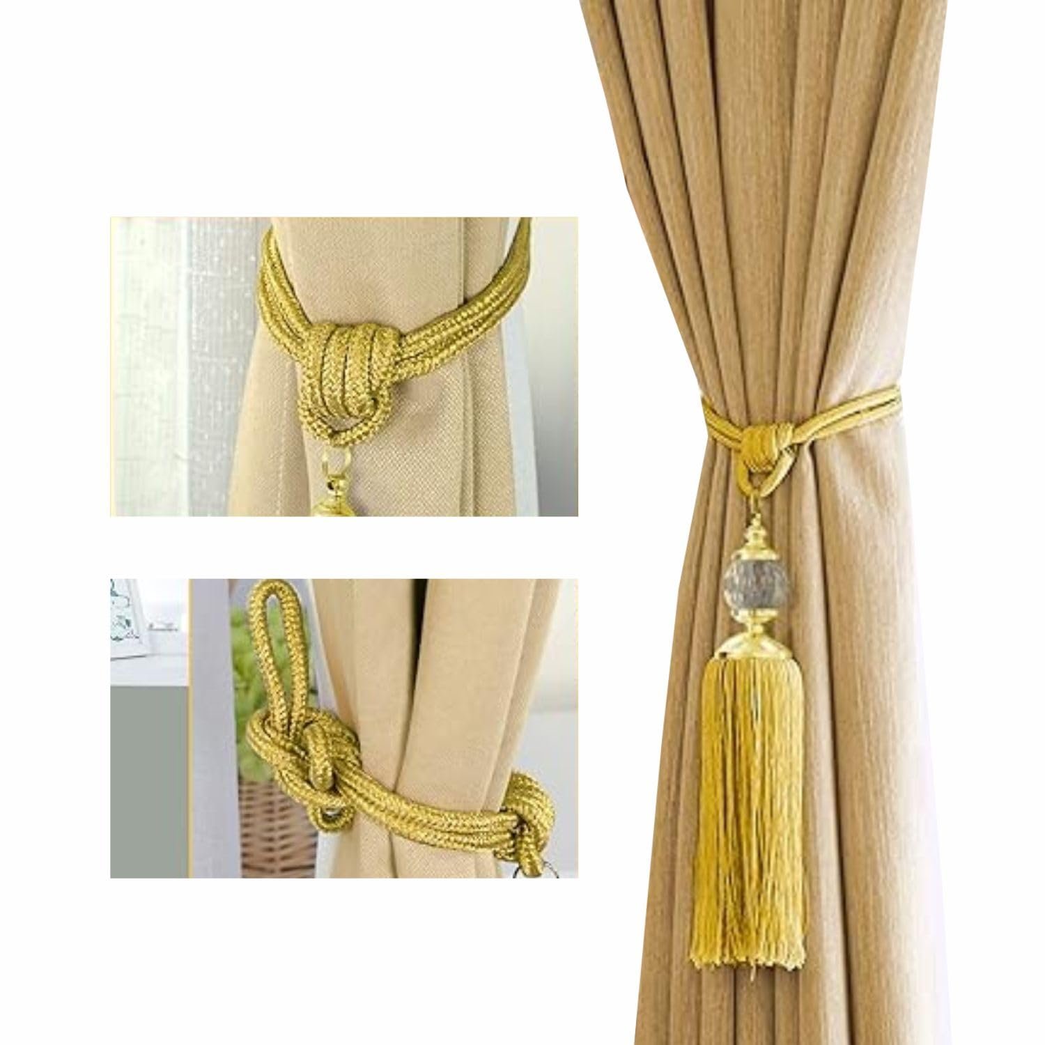Limitless Window Curtain Tie Back with Glass Ball and Tasse For Drapes Crystal Decorative Curtain Holdbacks Holder, Curtain Ties for Home Office Decorative, Gold