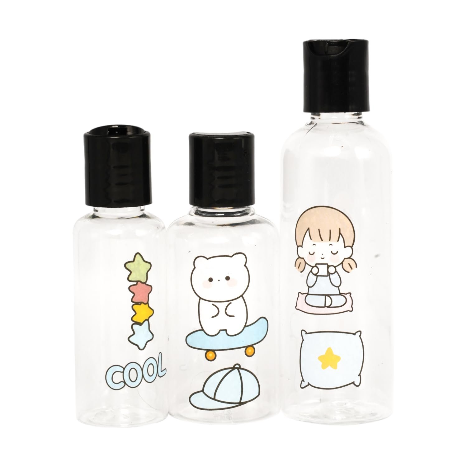 Limitless 3PC Cartoon Sticker Spray Bottle, Perfect for Home, Garden, & Salon Use, Plastic Bottles with Lids Fine Mist Plastic Mini Travel Bottle Perfect for Cosmetics (TRANSPARENT-WHITE LID)