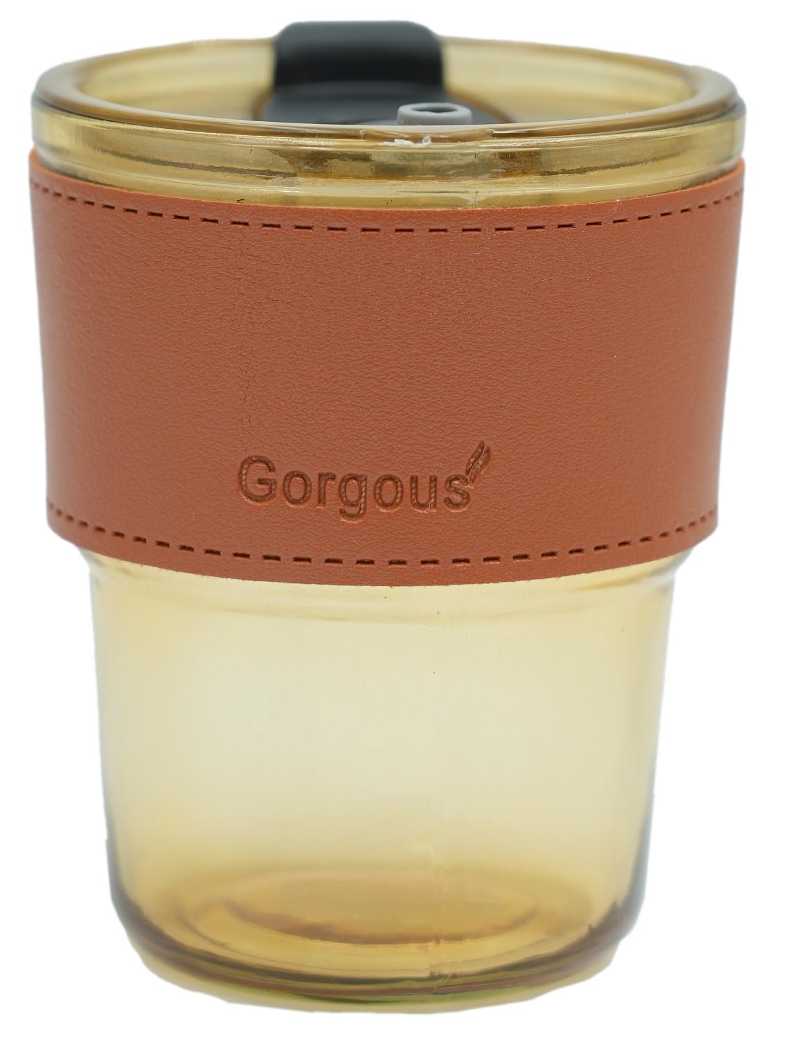 Limitless Leather Sleeve Bamboo Straw Cup with Lid –Glass Cup with Leather Protective Sleeve, Reusable Cup for Straw and Direct Drinking Mouth Dual Use (Brown)