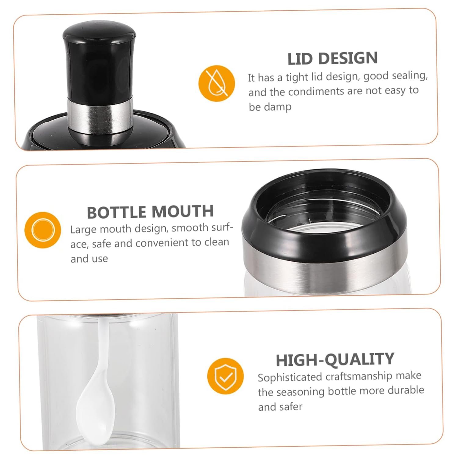 Limitless 3Pcs Glass Spice Jars with Spoon Covers, Airtight Lids Seasoning Kitchen Soy Sauce Concise Seasoning Pot Storage Jar Glass Household Spice Jar, Transparent with Black Cap