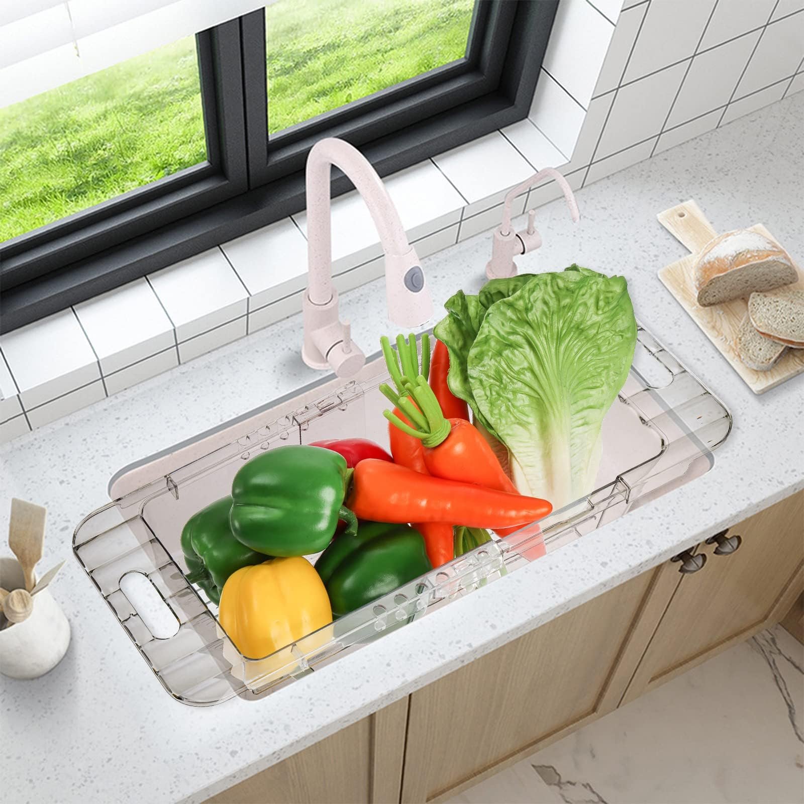 Extendable Over-the-Sink Colander Adjustable Strainer for Fruits & Veggies Fits Sinks