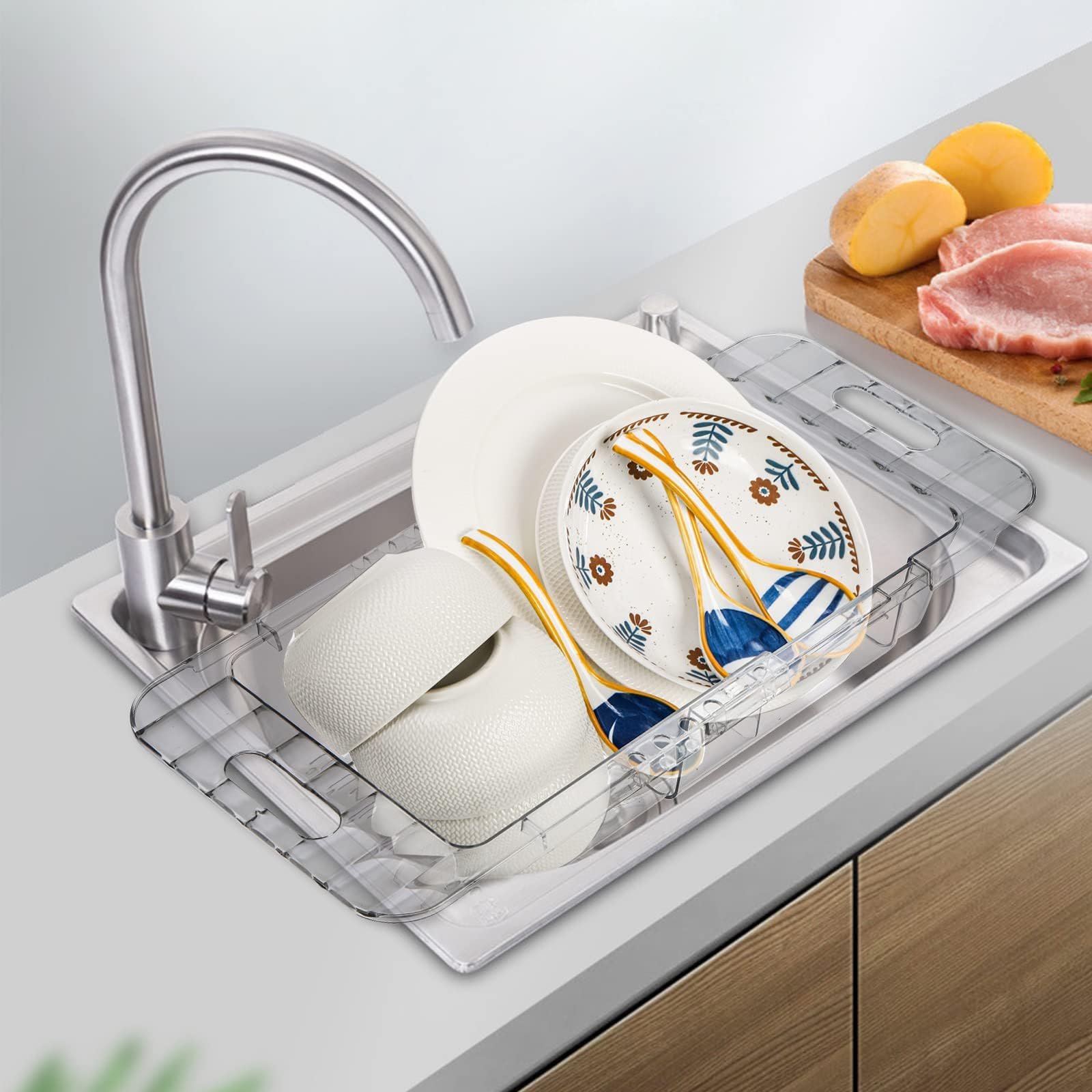 Extendable Over-the-Sink Colander Adjustable Strainer for Fruits & Veggies Fits Sinks