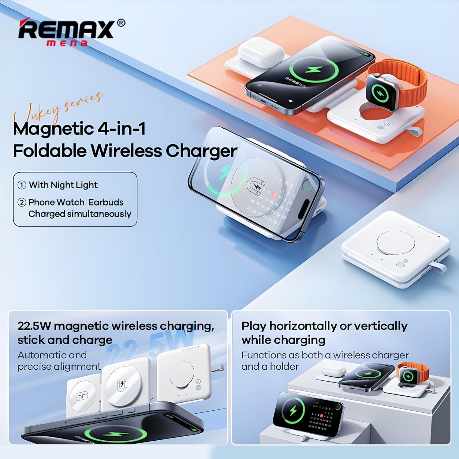 Remax Mena 22.5W Magnetic 4-in-1 Foldable Wireless Charger with Night Light, 15W for Phones, 5W for Earbuds, 2.5W for Watch, Material ABS + PC, Transmitting Distance 3-8mm,109.5g