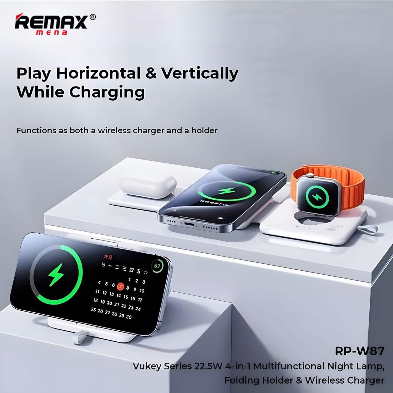 Remax Mena 22.5W Magnetic 4-in-1 Foldable Wireless Charger with Night Light, 15W for Phones, 5W for Earbuds, 2.5W for Watch, Material ABS + PC, Transmitting Distance 3-8mm,109.5g