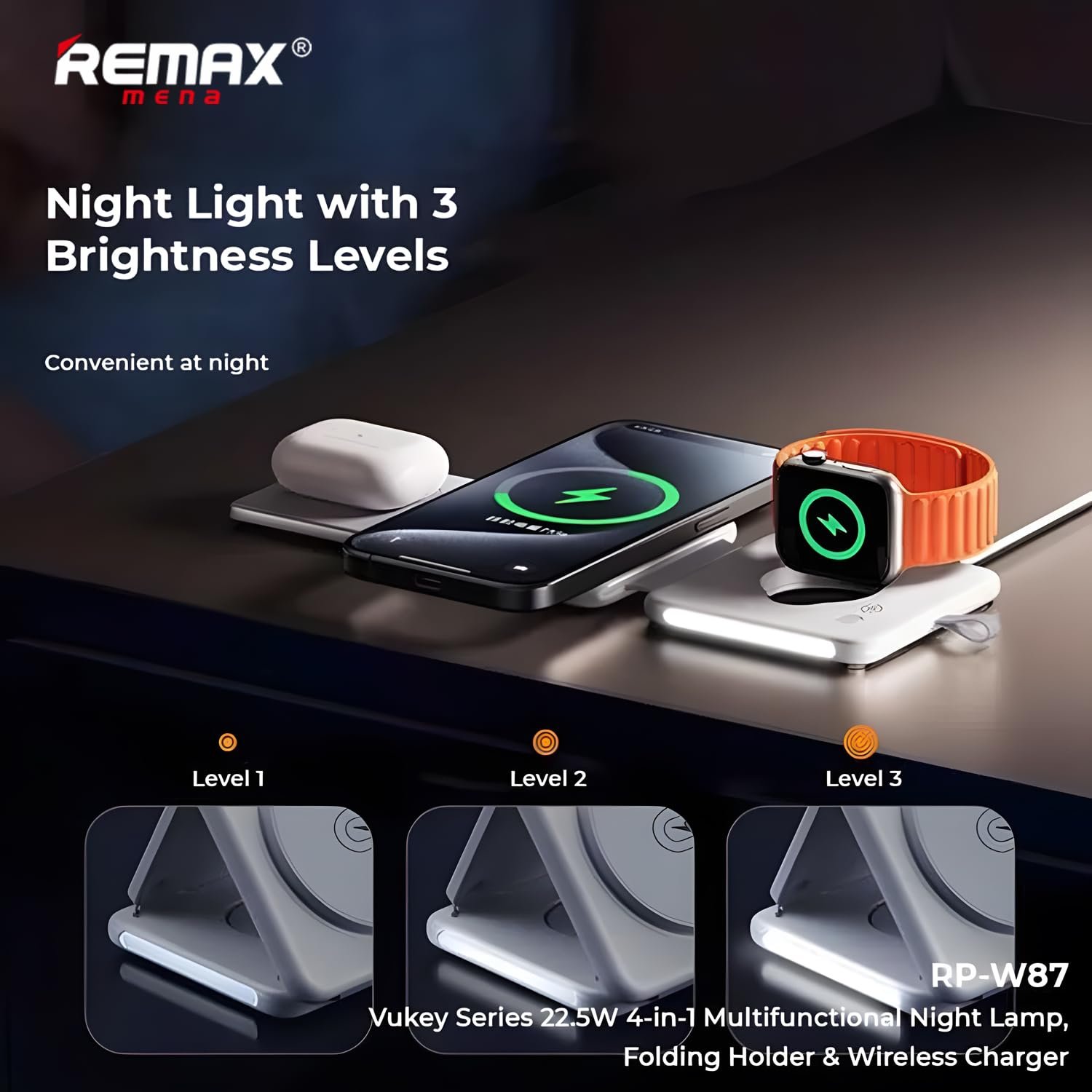 Remax Mena 22.5W Magnetic 4-in-1 Foldable Wireless Charger with Night Light, 15W for Phones, 5W for Earbuds, 2.5W for Watch, Material ABS + PC, Transmitting Distance 3-8mm,109.5g