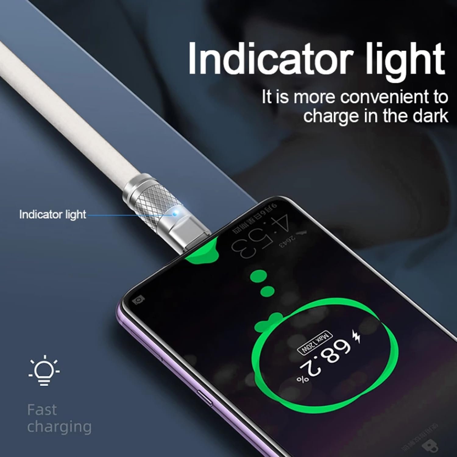 Remax Mena 66W Data Cable (A-C) Flash Charging with Light, Elastic Rubber Maerial, All-Compatible Upgraded Zinc Alloy Braided, Bending Resistant, Thickened Core, Anti Broken, Long Battery Life