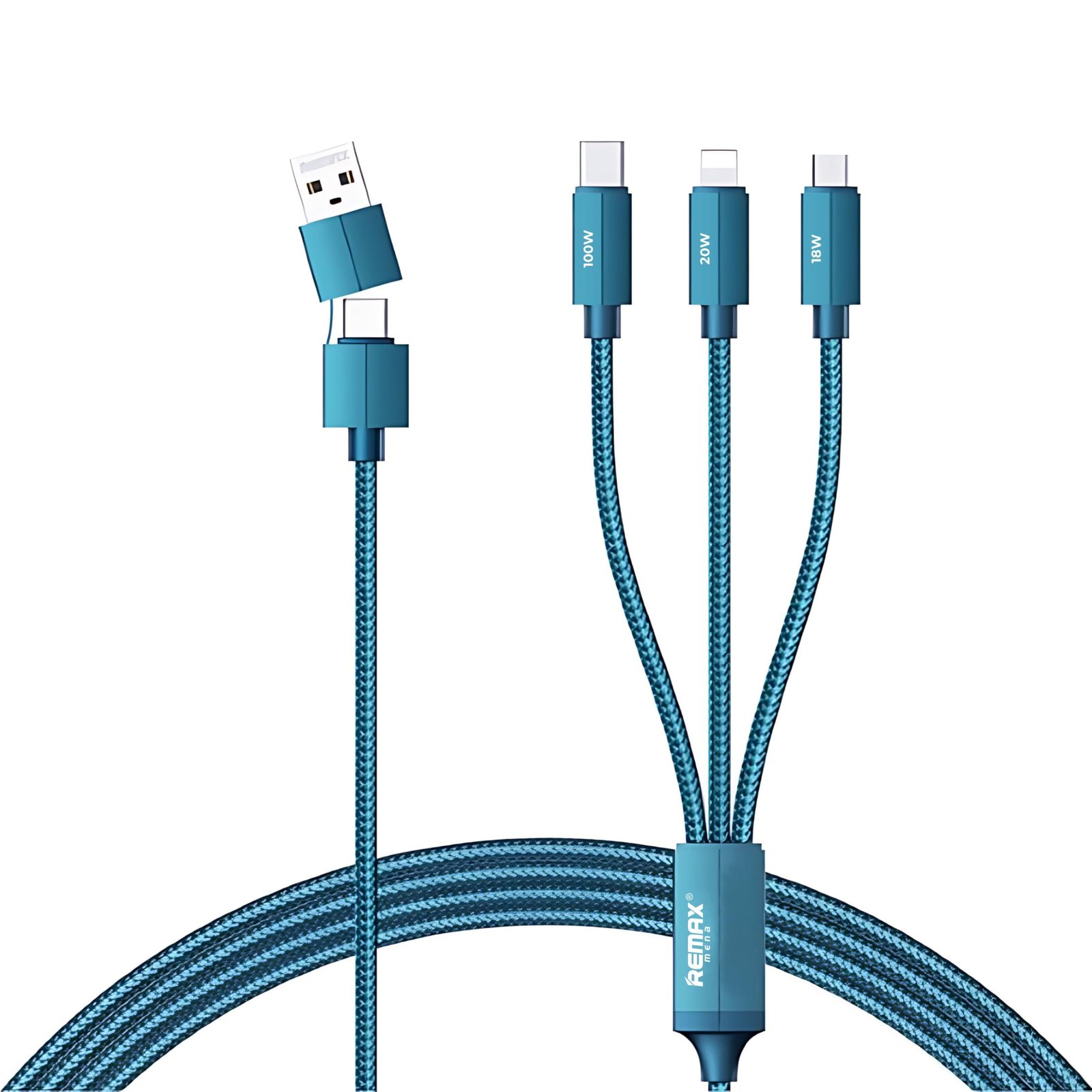 Remax Mena 100W Data Cable Aluminum 3-in-2 Fast Charging and Stable, Anti-Bending, 20W/C-C, 18W/C-IPH, 10W/USB-M, Data Transmission 480Mbps, Weight 69g, Cable length 1000mm