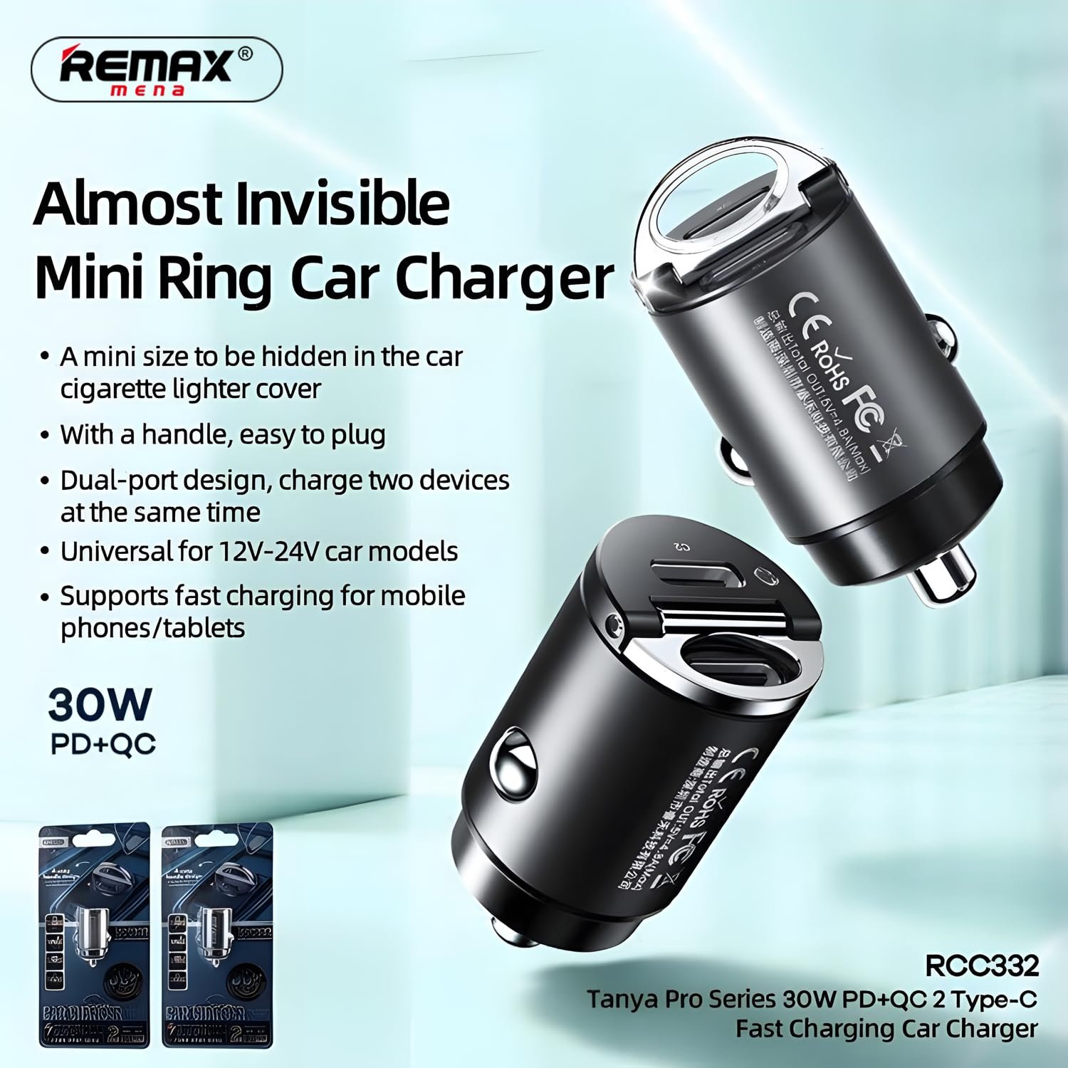 Remax Mena Car Charger Fast Charging 30W PD+QC Multi-Compatible USB to Type C, Car Charger Super Mini Handle Ring, for iPhone 12 13 Pro Xiaomi Huawei Samsung, Black