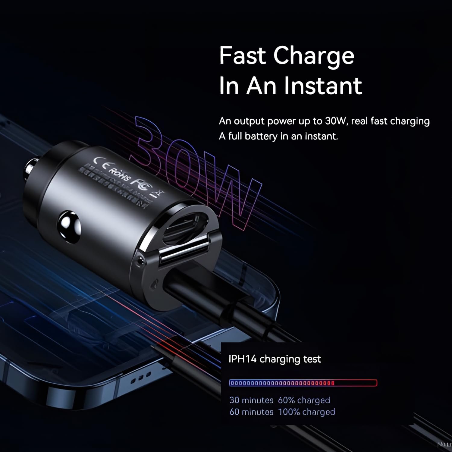 Remax Mena Car Charger Fast Charging 30W PD+QC Multi-Compatible USB to Type C, Car Charger Super Mini Handle Ring, for iPhone 12 13 Pro Xiaomi Huawei Samsung, Black