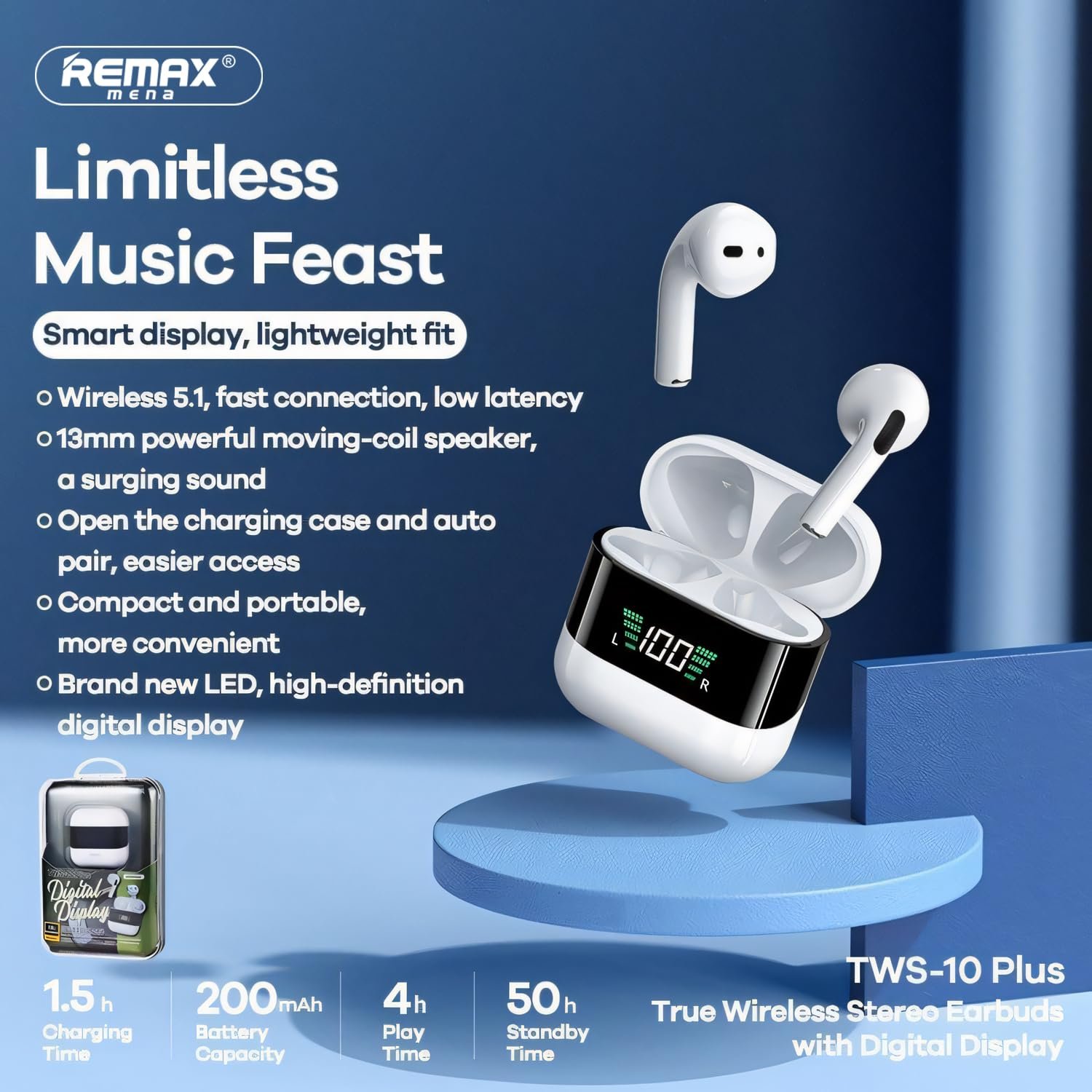 Remax Mena Digital Display True Wireless Bluetooth Earphone, Music Earbuds, TWS-10Plus Earbuds 5.1 With Super Clear Mic For Android and iOS Mobiles and Tablets, White