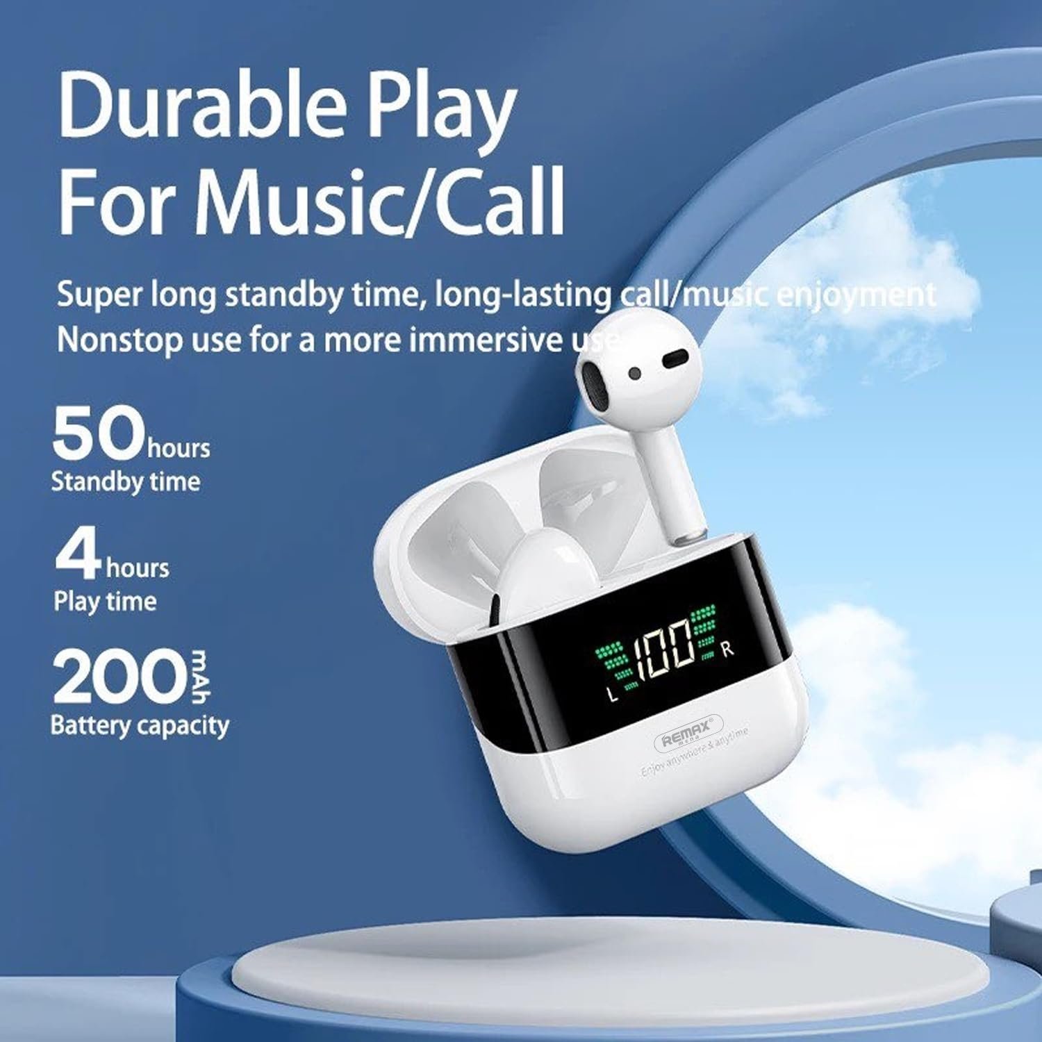 Remax Mena Digital Display True Wireless Bluetooth Earphone, Music Earbuds, TWS-10Plus Earbuds 5.1 With Super Clear Mic For Android and iOS Mobiles and Tablets, White