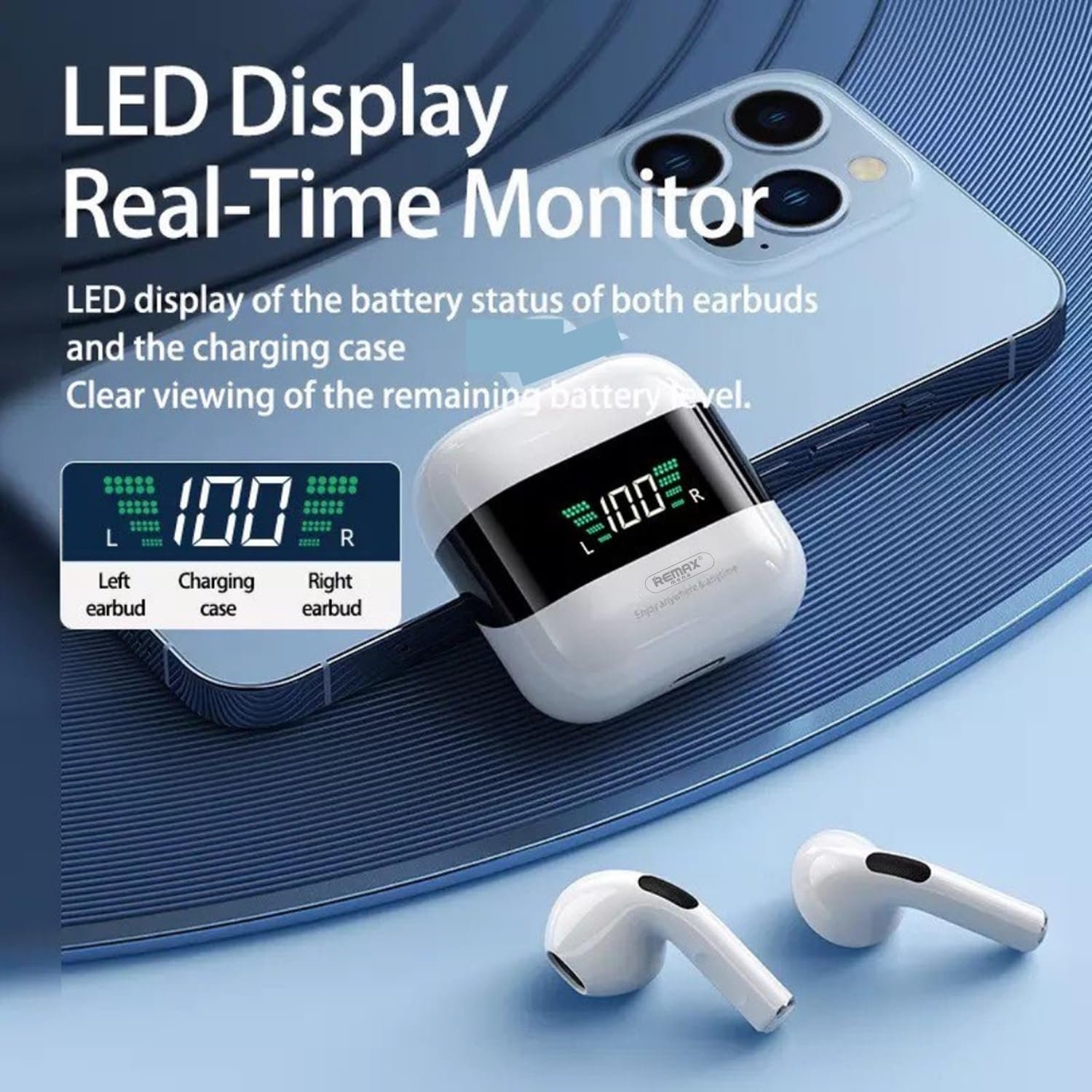 Remax Mena Digital Display True Wireless Bluetooth Earphone, Music Earbuds, TWS-10Plus Earbuds 5.1 With Super Clear Mic For Android and iOS Mobiles and Tablets, White