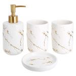 OFRANK Bathroom Accessory Set, 4 Pcs Marble Look Ceramic Countertop Accessory Set Nordic Elegant Bathroom Décor Accessories with Soap Dispenser, 2 Bathroom Tumblers, Soap Dish (White Marble)