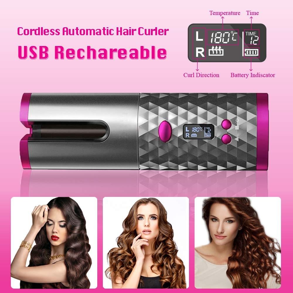 Hair Curler Wireless Automatic Curling Iron with Rechargeable Battery Ceramic.
