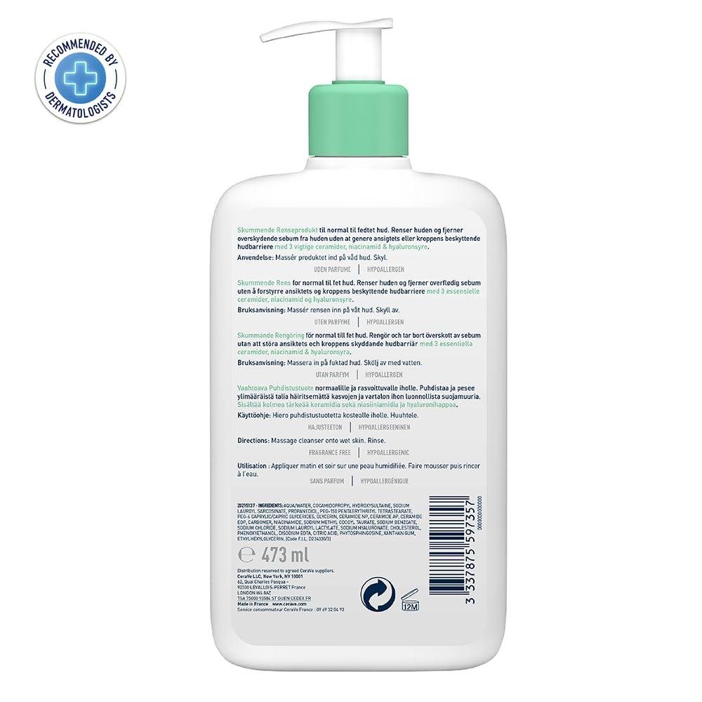 CeraVe Foaming Cleanser | Face and Body Wash for Normal to Oily Skin with Hyaluronic Acid, Niacinamide and Ceramides| Fragrance Free Paraben Free | 16Oz, 473 ML