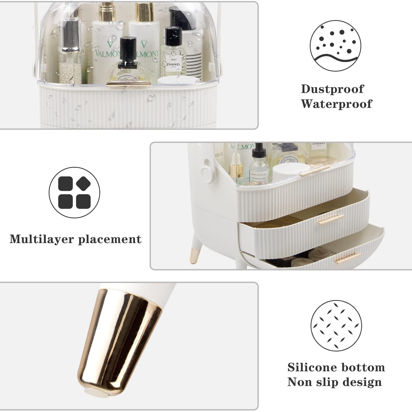 3Tier Makeup Organizer with Drawers Dustproof Storage for Skincare & Cosmetics White