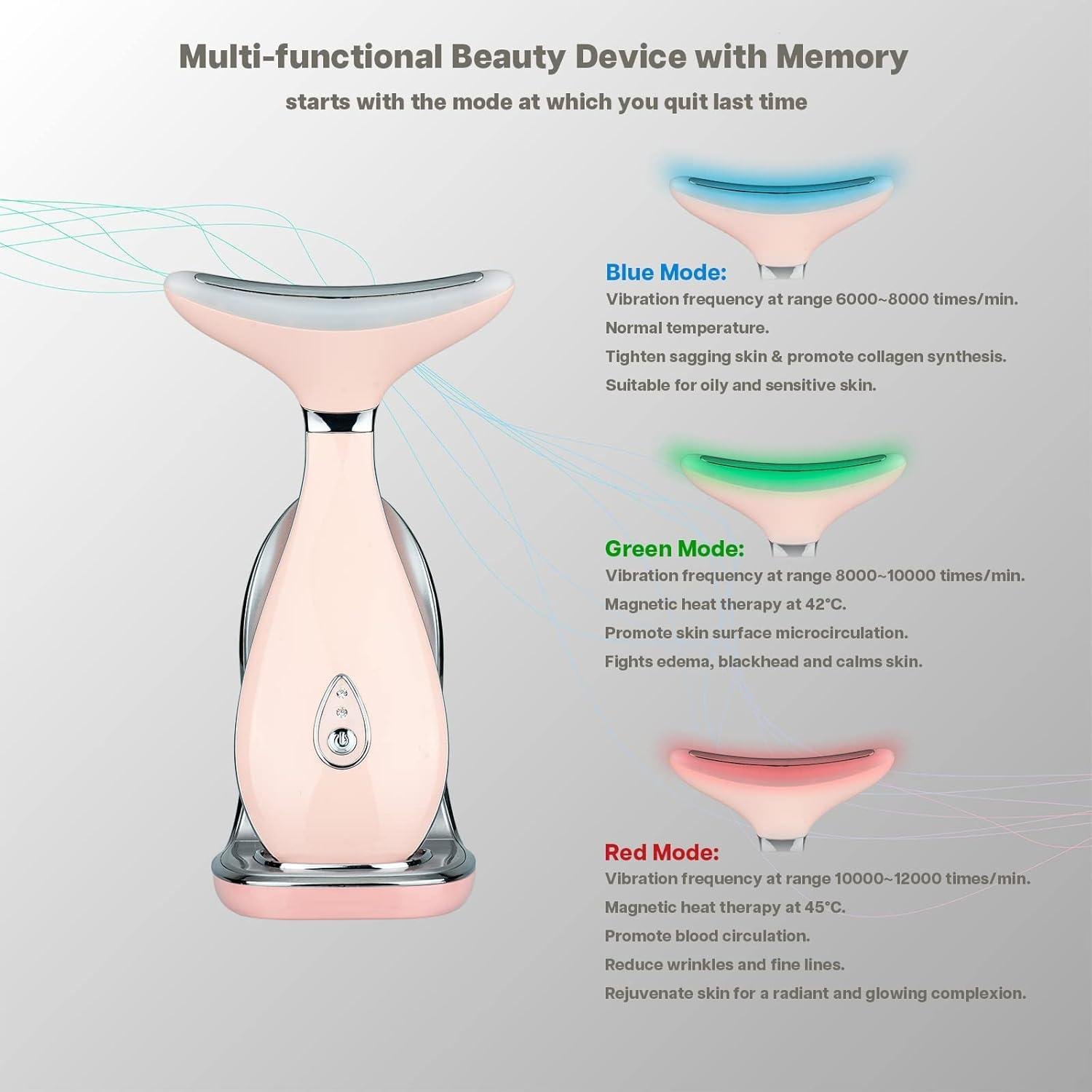 Neck Face Massager, Face Sculpting tool, Skin Rejuvenation Device with Thermal, Triple Action LED and Vibration, for Anti-aging, Lifting and Tightening Sagging Skin (Pink)