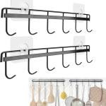Kitchen Utensil Hooks, Utensil Hangers with 6 Hooks Space Saving No Drilling Waterproof Wall Hook for Kitchen Bathroom Bedroom Black(2 Pack)