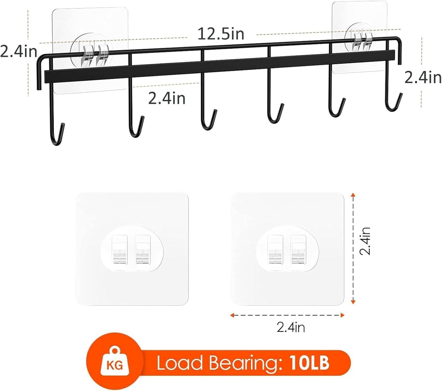 Kitchen Utensil Hooks, Utensil Hangers with 6 Hooks Space Saving No Drilling Waterproof Wall Hook for Kitchen Bathroom Bedroom Black(2 Pack)