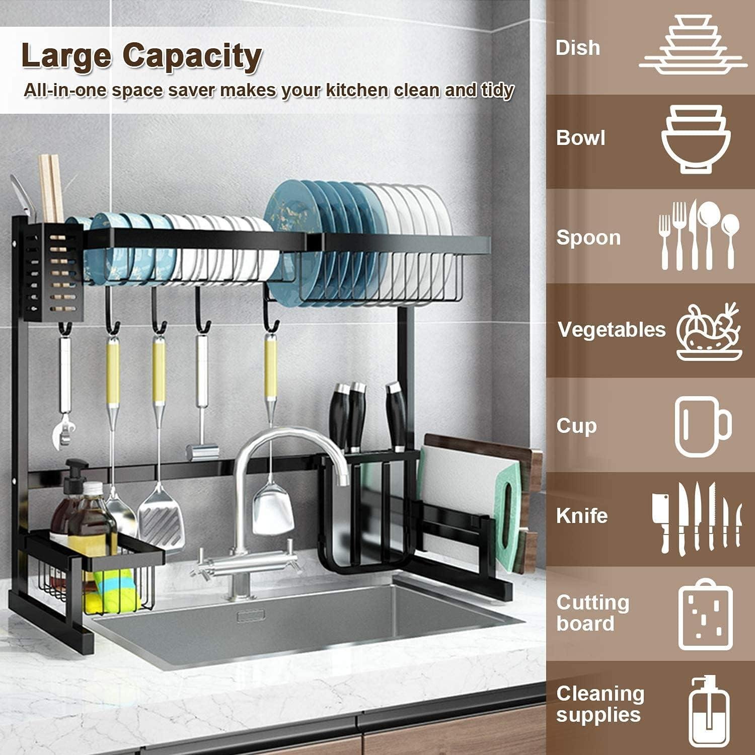 Limitless Dish Rack Dish Drying Rack Dish Drying Stand with Utensil Holder & Cutting Board Holder & Drainboard Tray, Collapsible Rust-Resistant Dish Rack Large Capacity Dish Drainer for Kitchen, Black