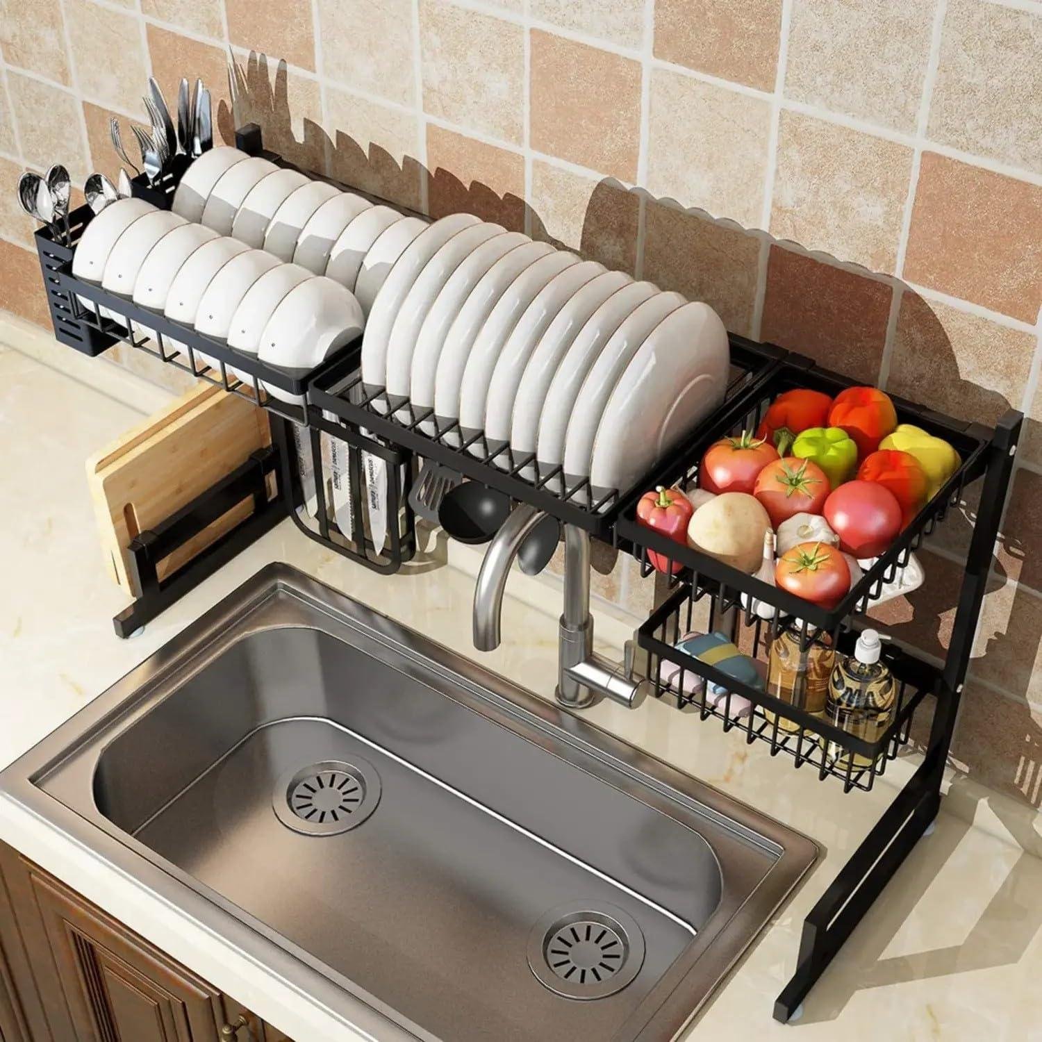 Limitless Dish Rack Dish Drying Rack Dish Drying Stand with Utensil Holder & Cutting Board Holder & Drainboard Tray, Collapsible Rust-Resistant Dish Rack Large Capacity Dish Drainer for Kitchen, Black
