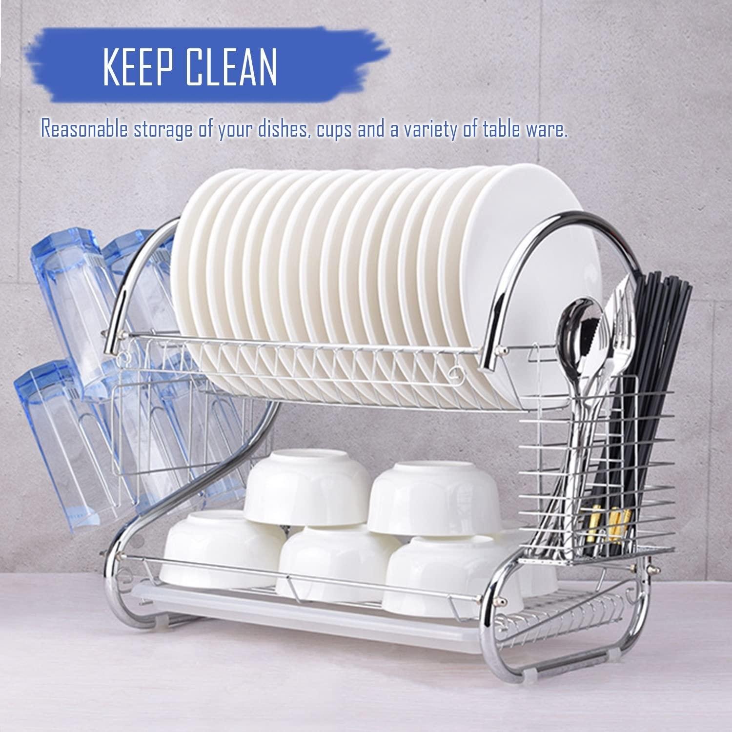 Limitless 2 Tier Stainless Steel Dish Rack Metal Dish Drainer with Removable Drain Board with Utensil Holder Cup Holder Dish Drainer for Kitchen Counter Top
