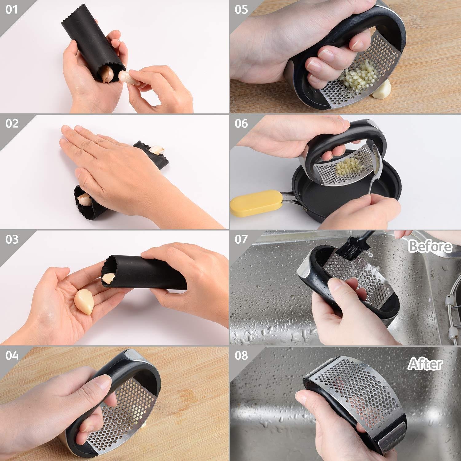 Limitless Garlic Press Stainless Steel Crusher and Rocker Plastic Portable Ginger Mincer Squeezer Chopper with Handle Manual Garlic Presser Curved Grinding Slicer Cooking Gadgets Tool for Kitchen