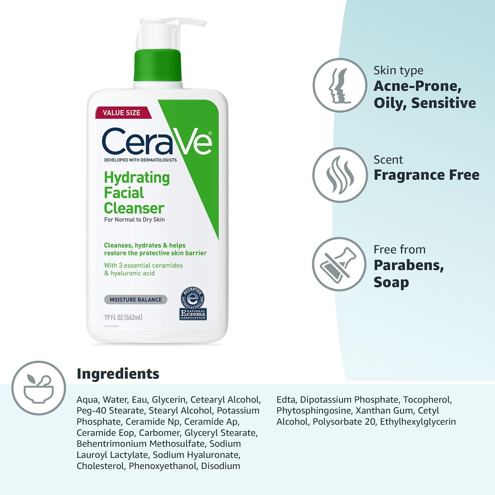 CeraVe Hydrating Facial Cleanser | Moisturizing Non-Foaming Face Wash with Hyaluronic Acid, Ceramides and Glycerin | Fragrance Free Paraben Free | 19 Fluid Ounce