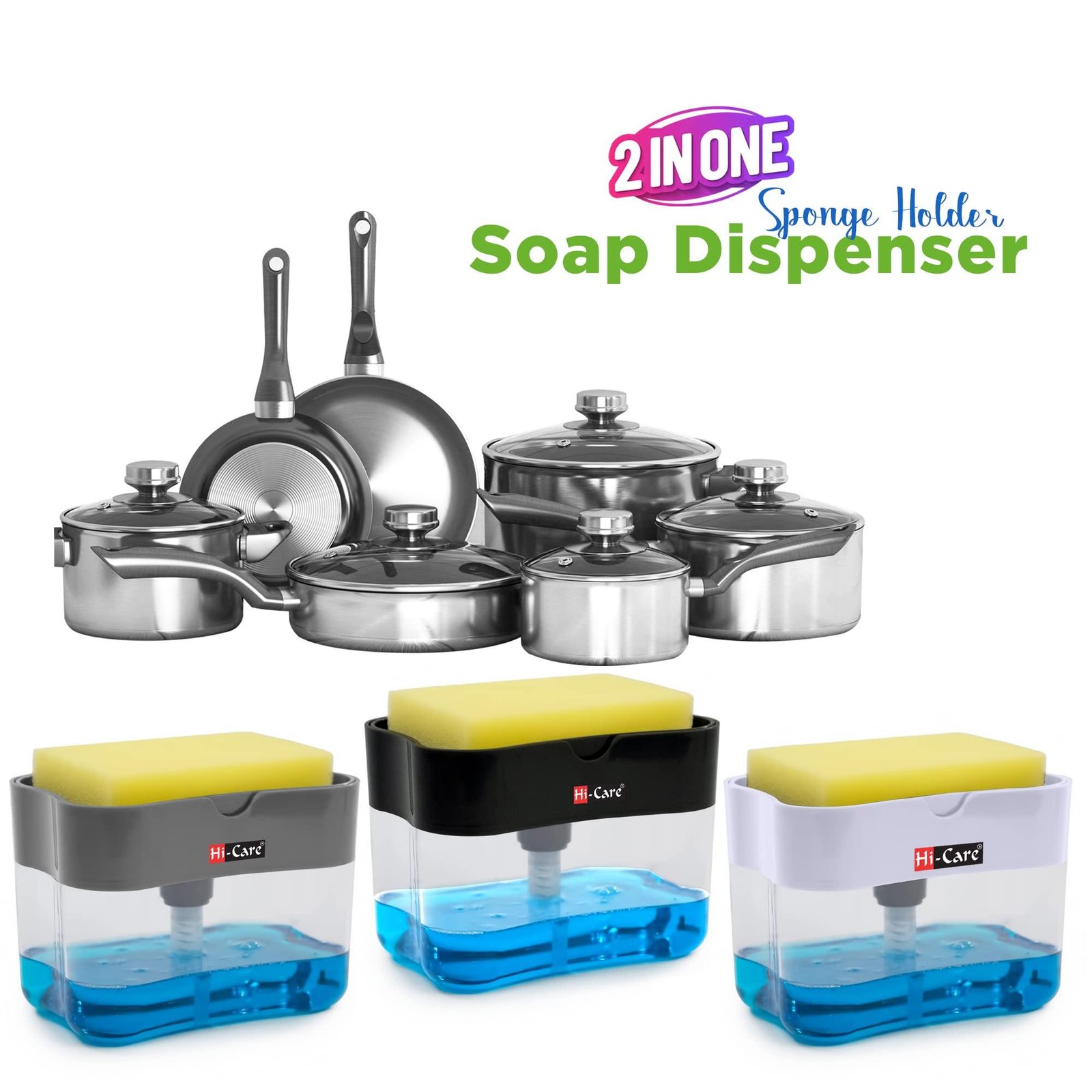 [Pack of 3 pcs] Hi-Care 2-In-1 Soap Pump Dispenser & Sponge Holder Kitchen Sink Washing Soap Dispenser Dishwashing Dispensers with Sponge One-Handed Operation Instant Refill Dish Soap Dispenser