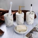 OFRANK Bathroom Accessory Set, 4 Pcs Marble Look Ceramic Countertop Accessory Set Nordic Elegant Bathroom Décor Accessories with Soap Dispenser, 2 Bathroom Tumblers, Soap Dish (White Marble)