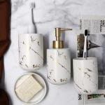 OFRANK Bathroom Accessory Set, 4 Pcs Marble Look Ceramic Countertop Accessory Set Nordic Elegant Bathroom Décor Accessories with Soap Dispenser, 2 Bathroom Tumblers, Soap Dish (White Marble)