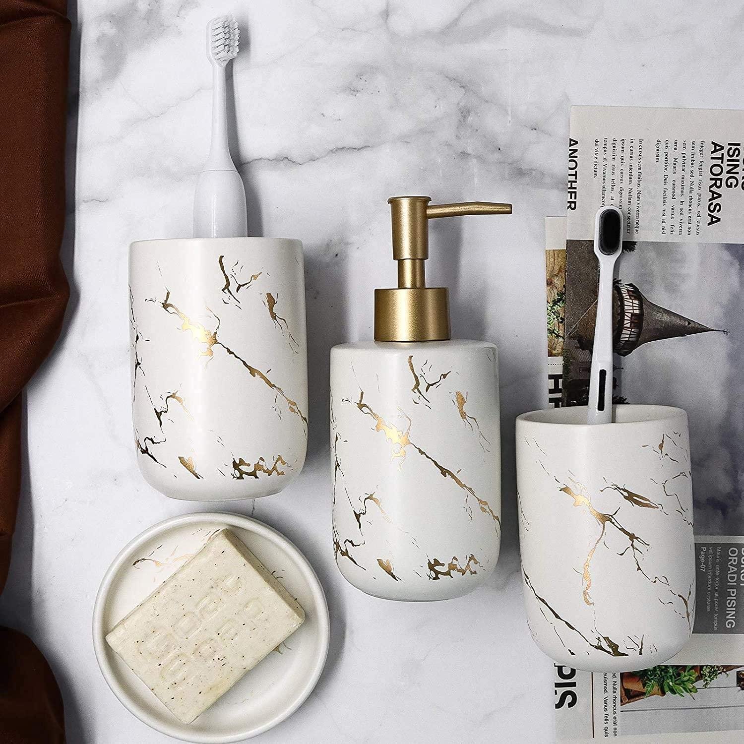 OFRANK Bathroom Accessory Set, 4 Pcs Marble Look Ceramic Countertop Accessory Set Nordic Elegant Bathroom Décor Accessories with Soap Dispenser, 2 Bathroom Tumblers, Soap Dish (White Marble)