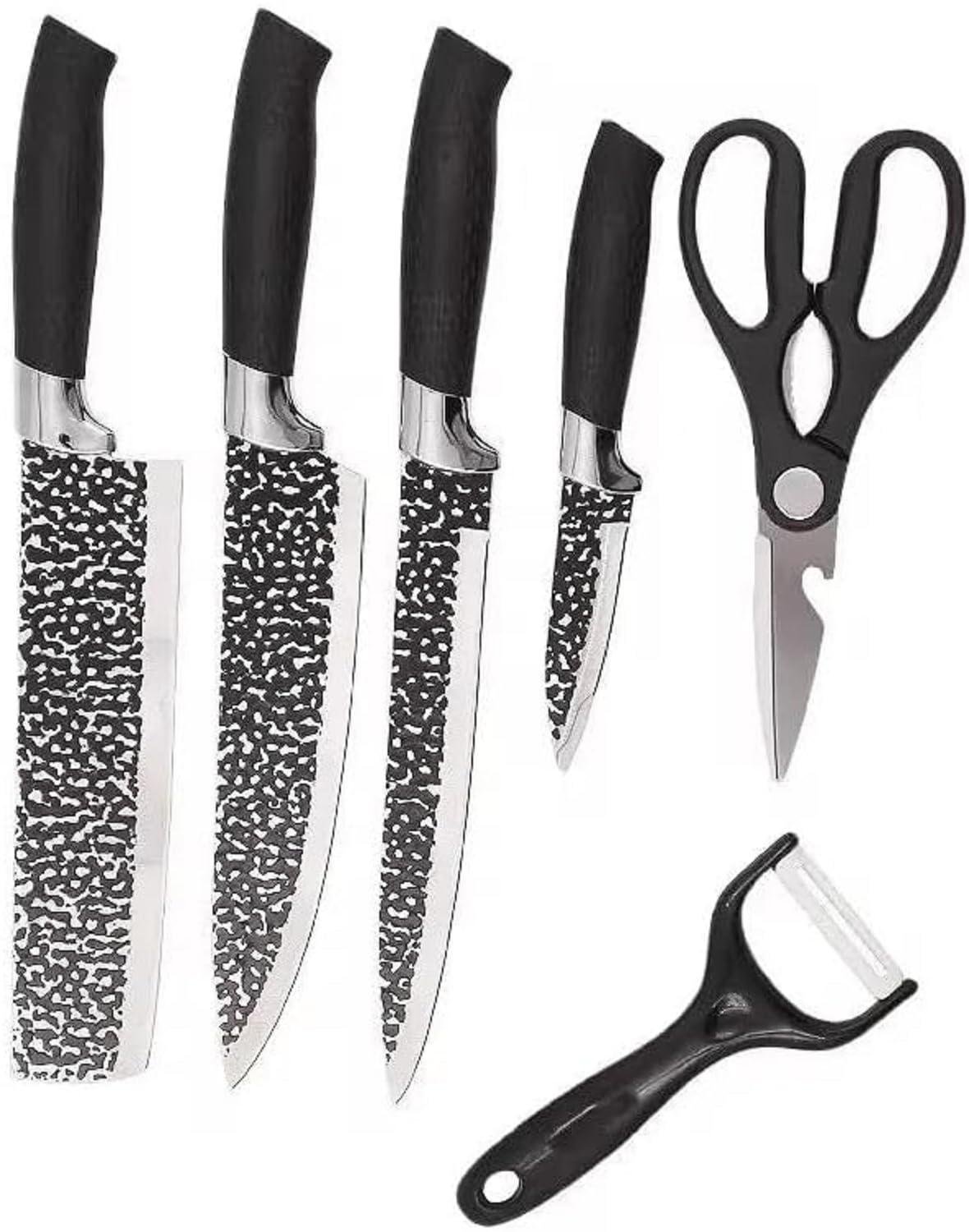 6PC Kitchen Knife Set RazorSharp Stainless Steel with Handle Include Peeler & Scissor
