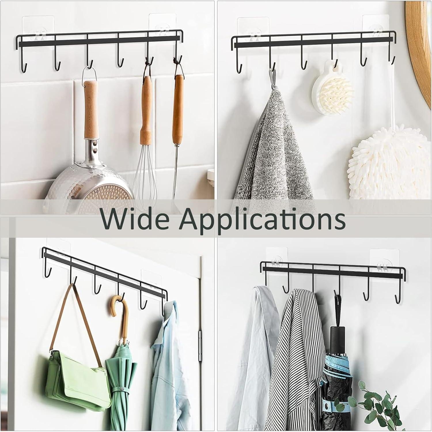 Kitchen Utensil Hooks, Utensil Hangers with 6 Hooks Space Saving No Drilling Waterproof Wall Hook for Kitchen Bathroom Bedroom Black(2 Pack)