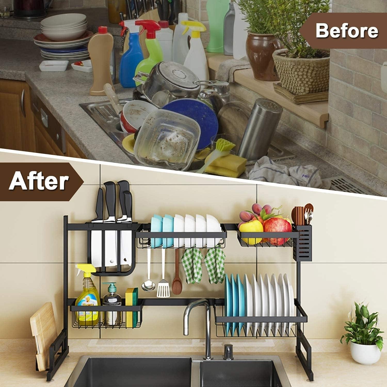 Limitless Dish Rack Dish Drying Rack Dish Drying Stand with Utensil Holder & Cutting Board Holder & Drainboard Tray, Collapsible Rust-Resistant Dish Rack Large Capacity Dish Drainer for Kitchen, Black