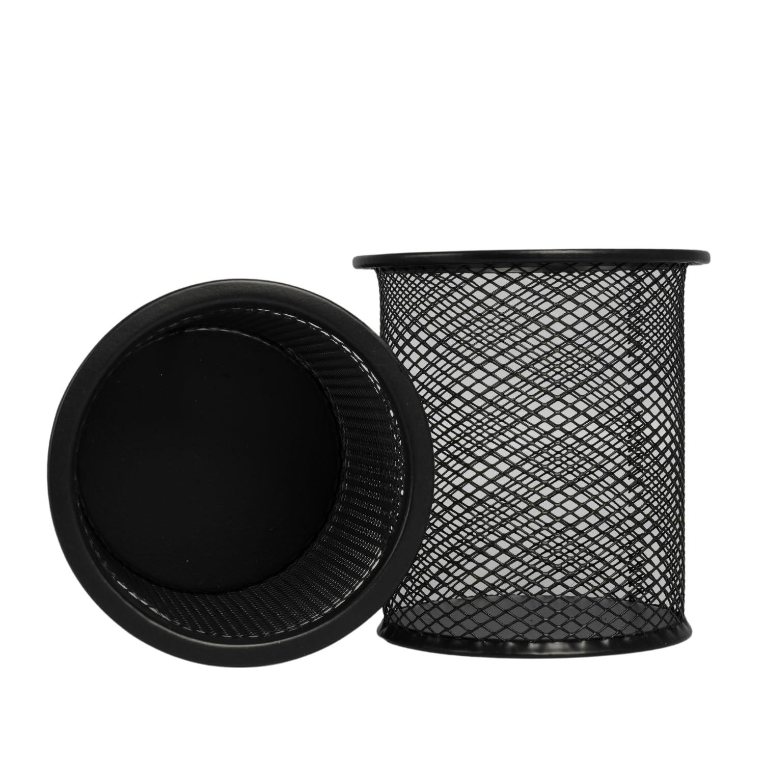 Limitless Metal Mesh Pencil Holder Round Pen Cups For Desk Organizer Classroom Organization Pencil Holders Wire Makeup Brush Holders For Desk Office (Black, 2PC - Round)