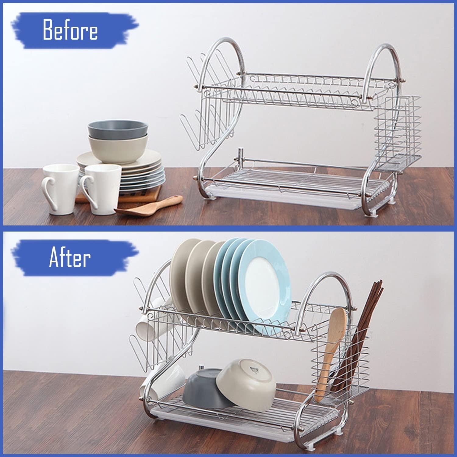 Limitless 2 Tier Stainless Steel Dish Rack Metal Dish Drainer with Removable Drain Board with Utensil Holder Cup Holder Dish Drainer for Kitchen Counter Top
