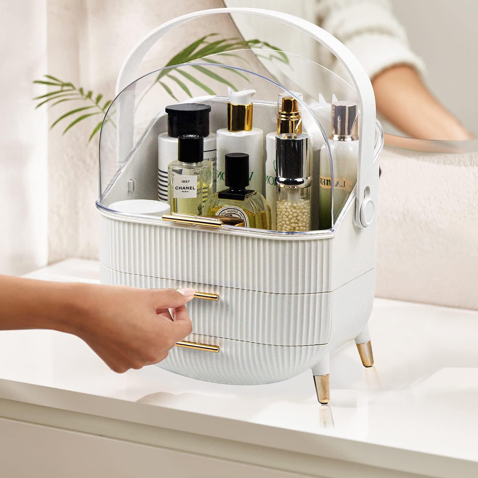 3Tier Makeup Organizer with Drawers Dustproof Storage for Skincare & Cosmetics White