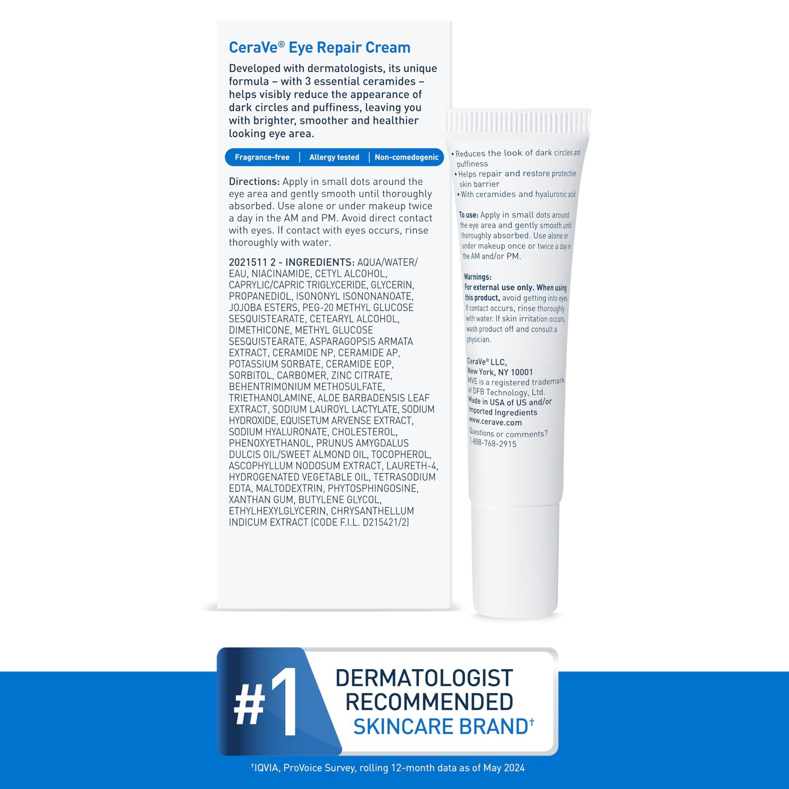 CeraVe Eye Repair Cream | Under Eye Cream for Dark Circles and Puffiness Delicate Skin Under Eye Area with Hyaluronic acid and Ceramides | Non-comedogenic, Fragrance Free | 0.5Oz, 14 ML