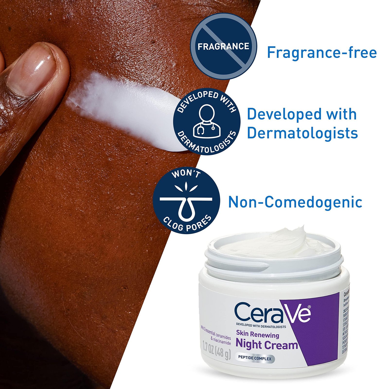 CeraVe Skin Renewing Night Cream | Niacinamide, Peptide Complex, and Hyaluronic Acid Moisturizer for Face | 1.7 Ounce