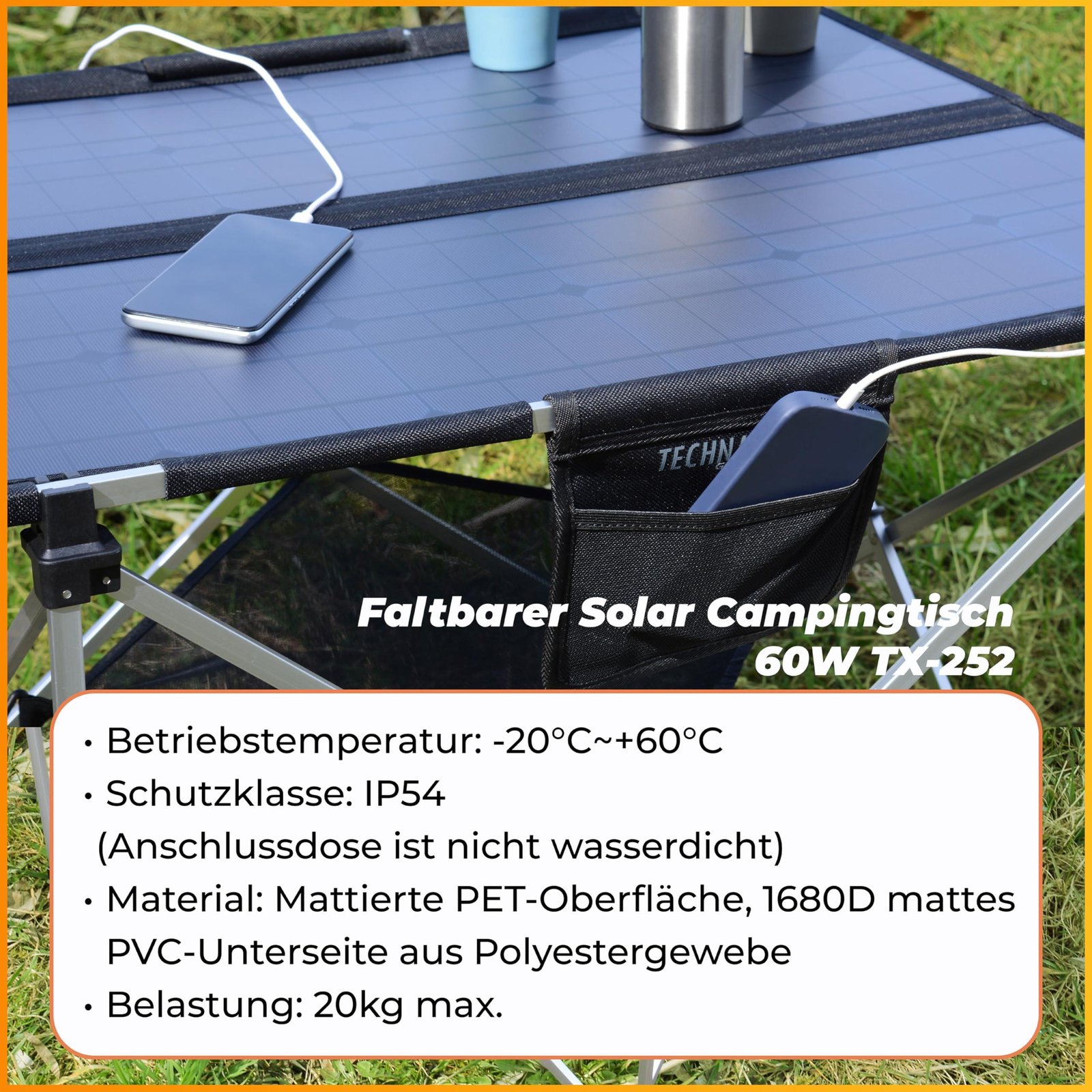 Technaxx 60 W Folding Solar Camping Table TX-252, Portable Monocrystalline Solar Panel Charger with 3 x USB Charging Ports, DC Output and Robust Design - Ideal for Camping and Outdoor Use
